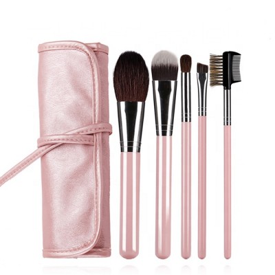 5 pcs  pink handle makeup brushes set beauty fashion tool PU pink roll-up pouch