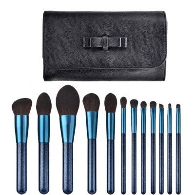 2020 support private label 12 pcs blue handle 3 goat hair set kit makeup brushes